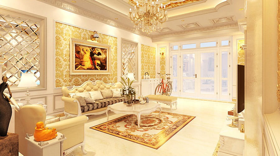 thiết kế, thi công nội thất theo phong cách cổ điển hiện diện rõ nét 2 màu kem và trắng