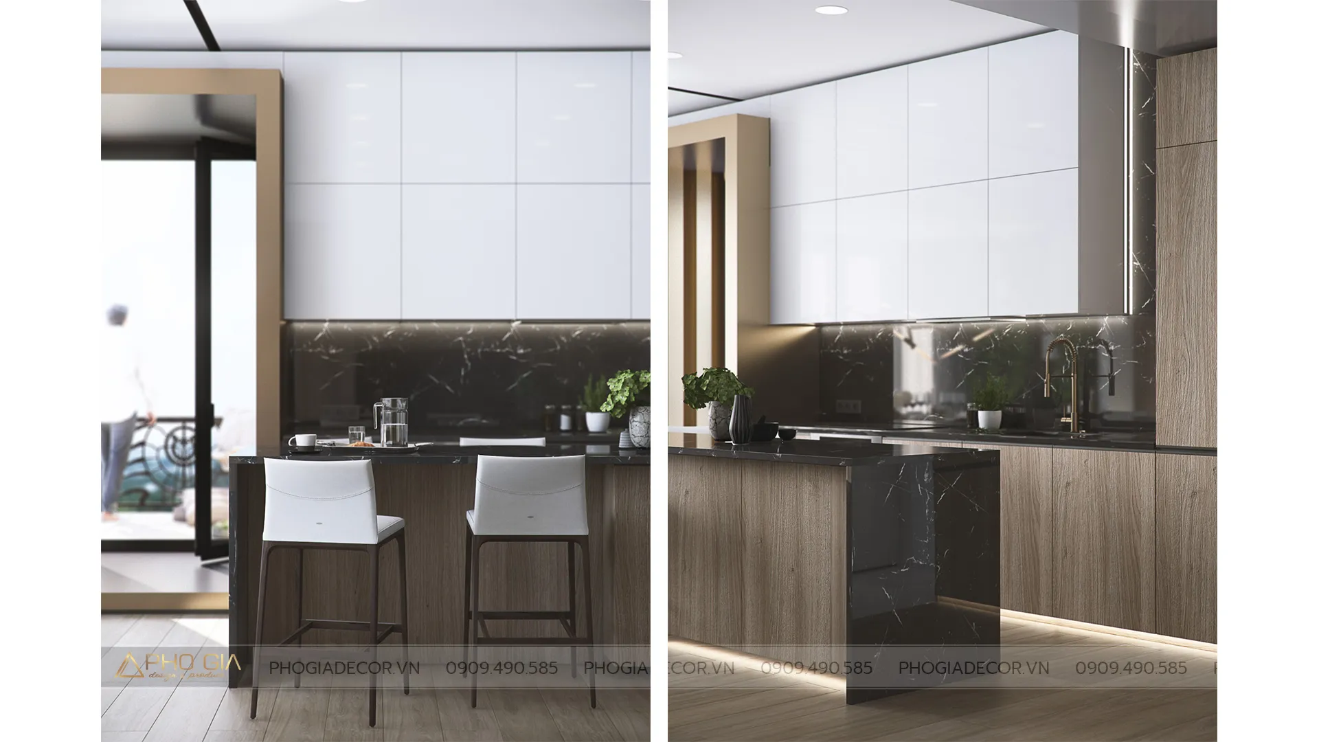 Không gian bếp với bàn đảo đá marble cao cấp