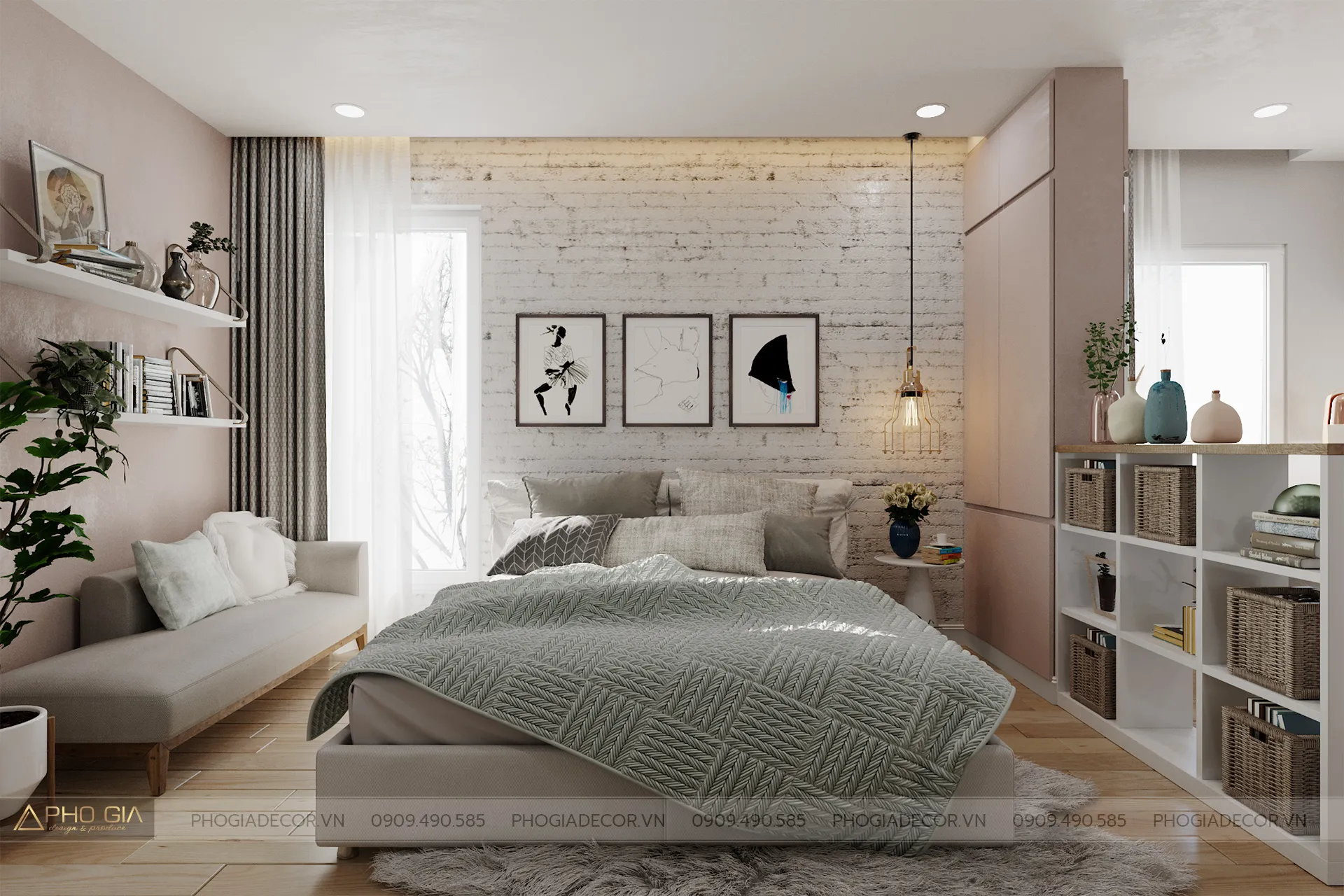 Không gian phòng ngủ sử dụng tone màu trắng – hồng