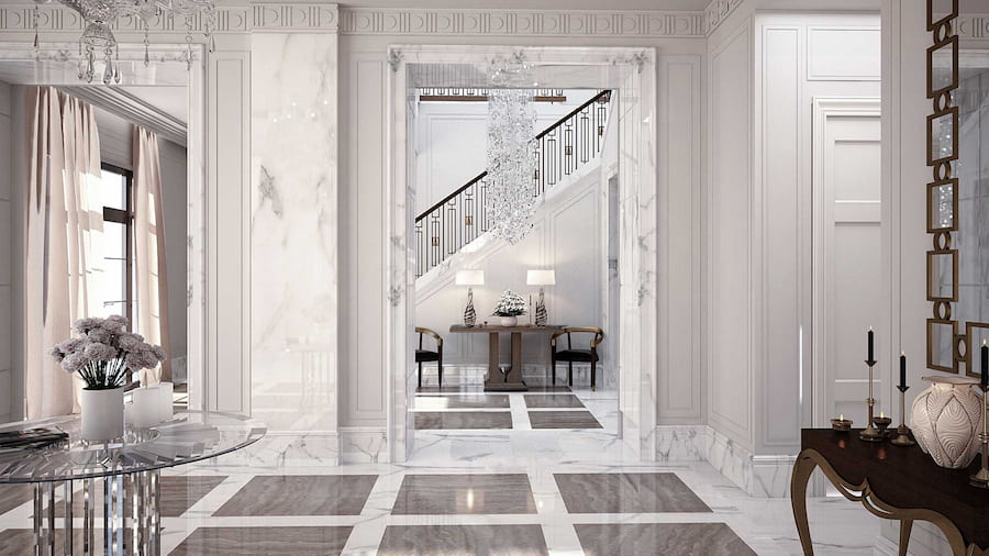 Thiết kế nội thất sảnh villa phong cách Châu Âu với đá cẩm thạch