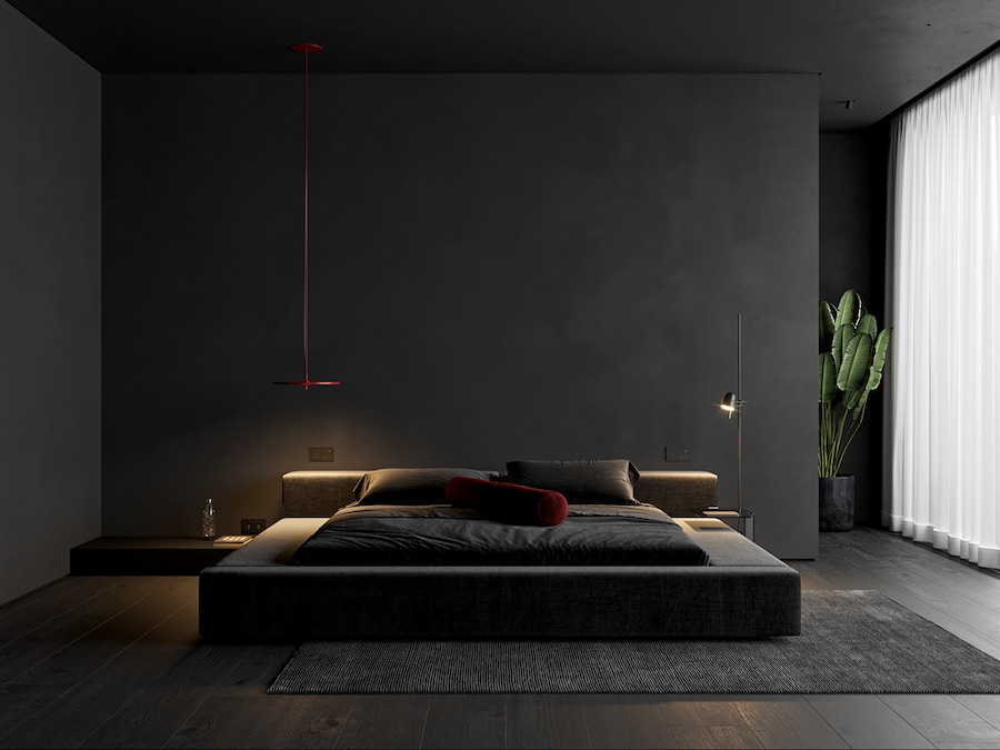 Phòng ngủ tông đen trong thiết kế nội thất căn hộ penthouse đầy sang trọng