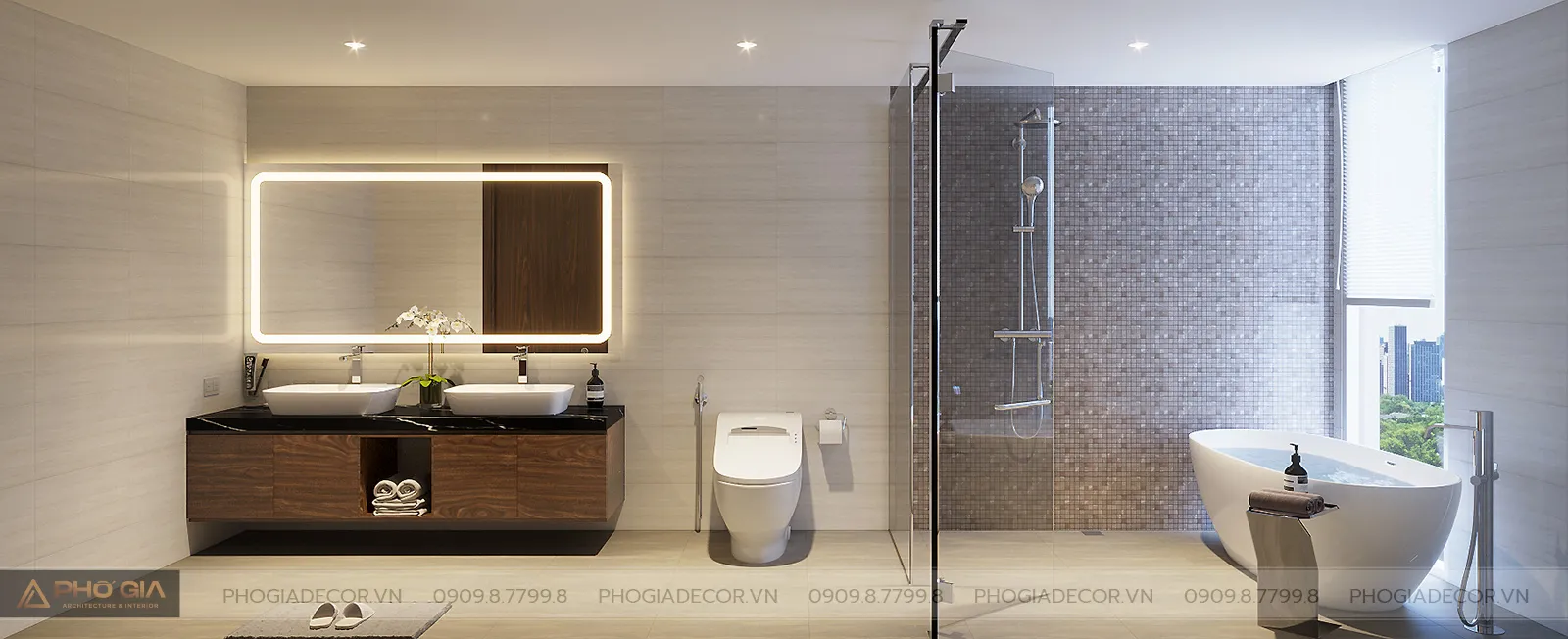 Phòng vệ sinh với hệ tủ lavabo đôi và gương soi cảm ứng